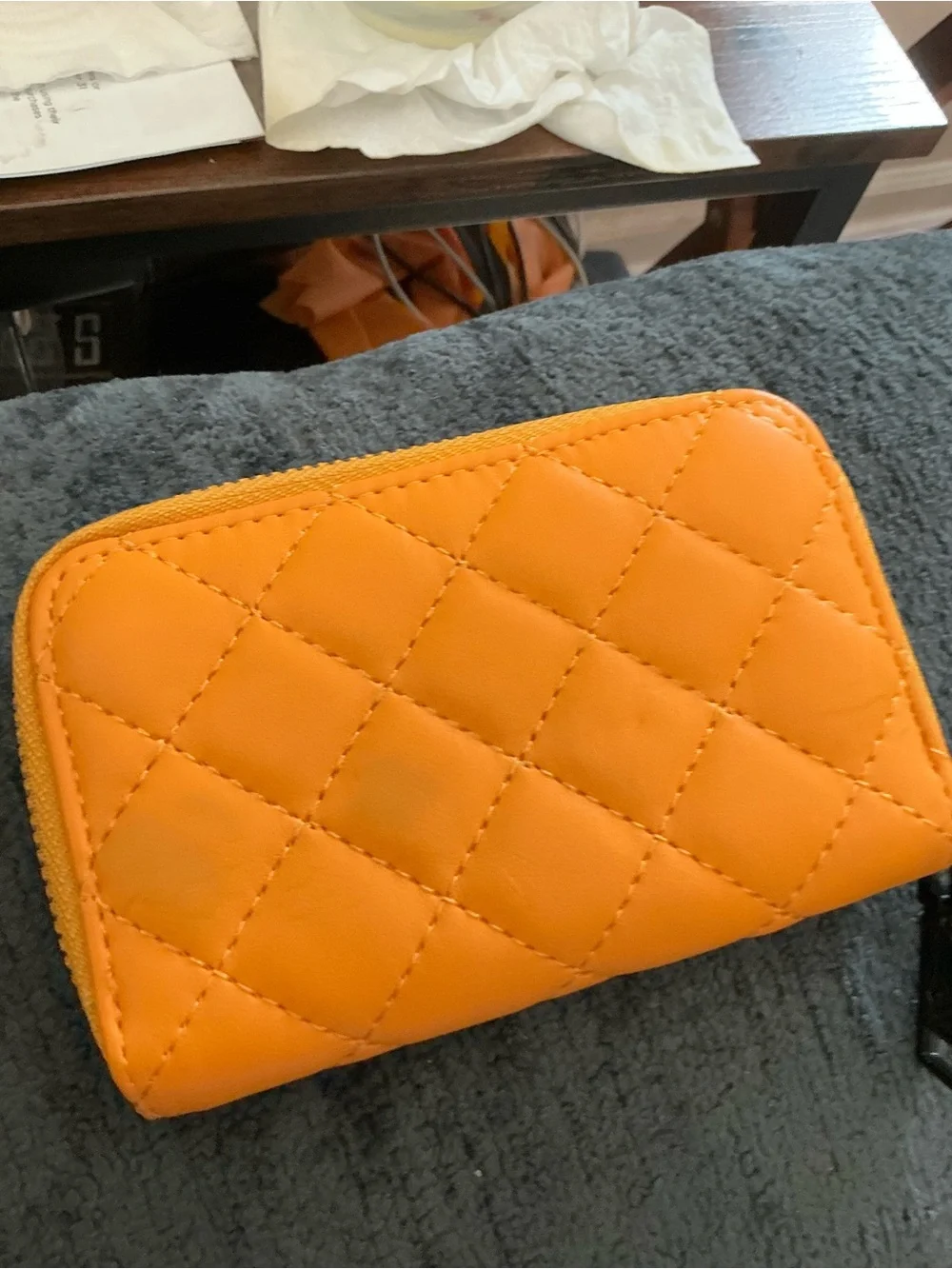 Badgley Mischka Quilted Orange Zip-Around Wallet with Logo Medallion